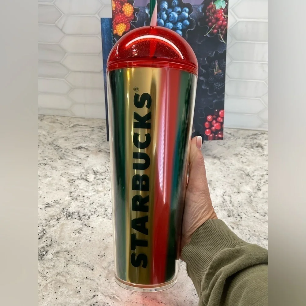 Starbucks 2024 Metallic Red Green & Gold Stripe Cold Cup Dome Tumbler. NWT. WOW!